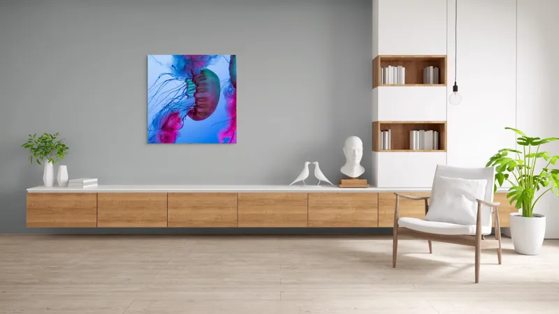Tablou Canvas, "Dansul meduzelor în lumina oceanului", Meduze, Culori, Strălucire, Albastru, Roz, Tentacule, Apă, Lumină, 100 x 100 cm – poza 8