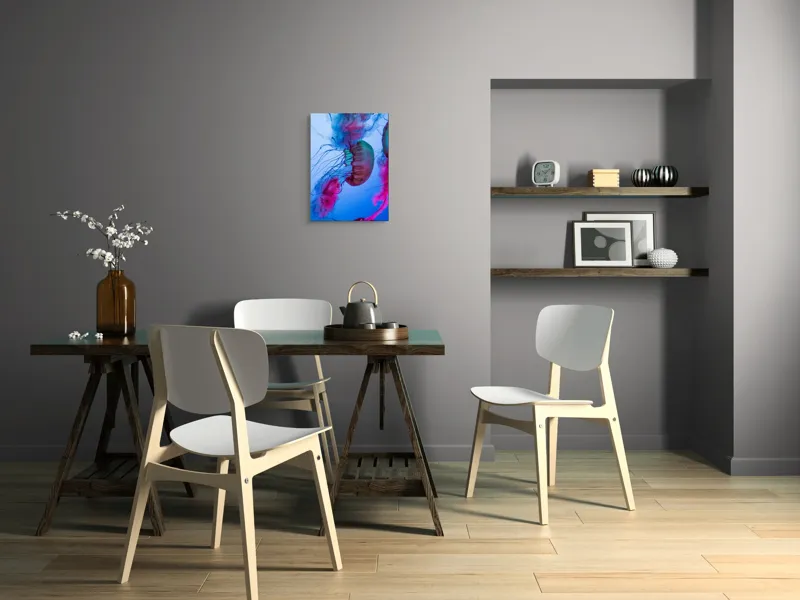 Tablou Canvas, "Dansul meduzelor în lumina oceanului", Meduze, Culori, Strălucire, Albastru, Roz, Tentacule, Apă, Lumină, 39 x 54 cm – poza 7
