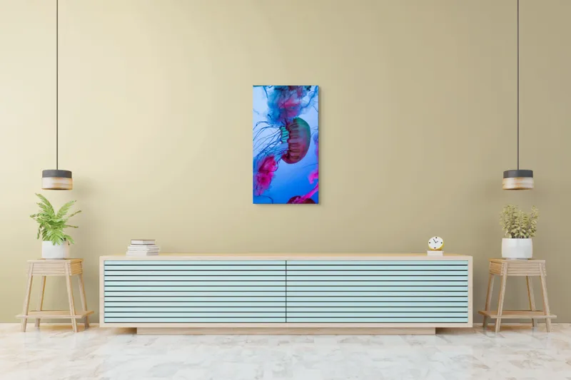 Tablou Canvas, "Dansul meduzelor în lumina oceanului", Meduze, Culori, Strălucire, Albastru, Roz, Tentacule, Apă, Lumină, 50 x 90 cm – poza 6
