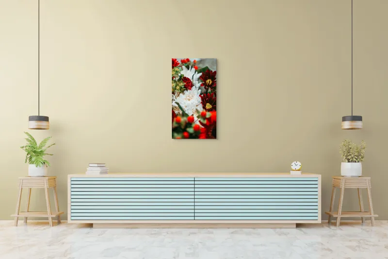 Tablou Canvas, "Roșu și alb în armonie florală", Flori, Roșu, Alb, Petale, Frunze, Natură, Frumusețe, Textură, 50 x 90 cm – poza 6