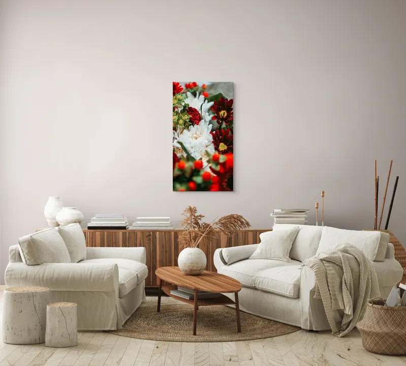 Tablou Canvas, "Roșu și alb în armonie florală", Flori, Roșu, Alb, Petale, Frunze, Natură, Frumusețe, Textură, 50 x 90 cm – poza 7