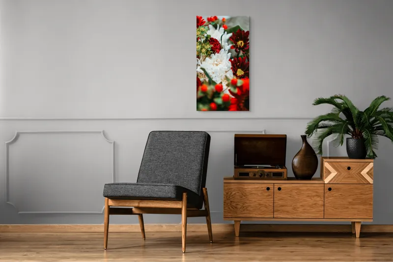 Tablou Canvas, "Roșu și alb în armonie florală", Flori, Roșu, Alb, Petale, Frunze, Natură, Frumusețe, Textură, 50 x 90 cm – poza 8