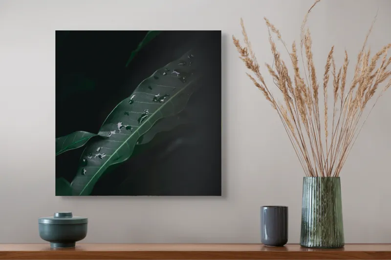 Tablou Canvas, "Picături de ploaie pe frunze verzi", Verde, Frunze, Picături, Întuneric, Natură, Umbră, Textură, Prospețime, 50 x 50 cm – poza 4
