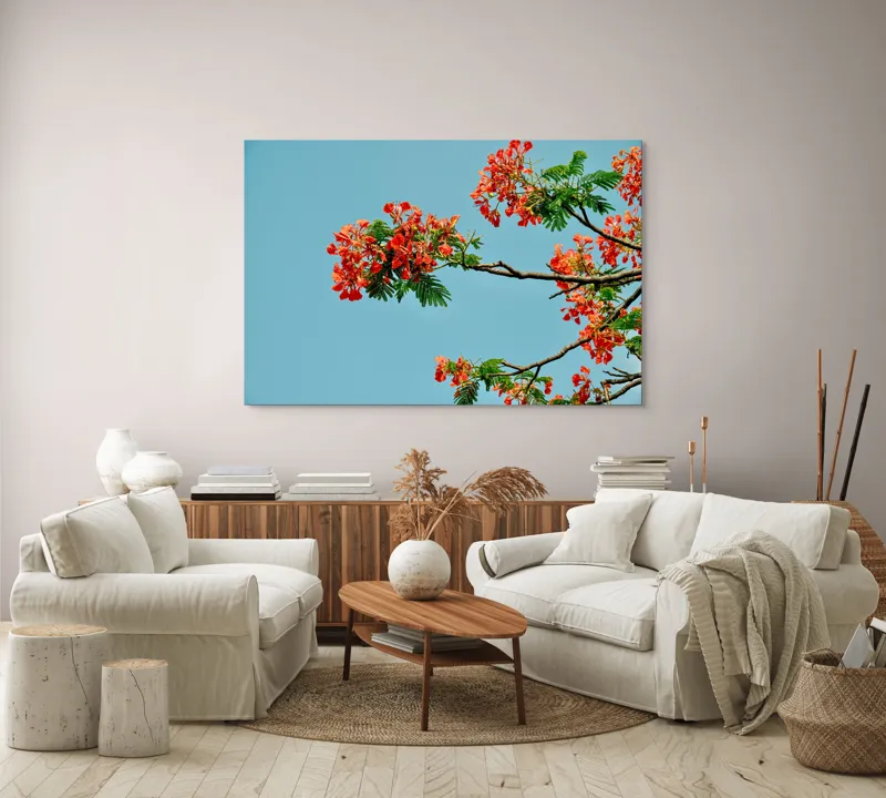 Tablou Canvas, "Flori roșii sub cerul senin", Flori, Ramuri, Cer, Frunze, Lumina, Culori, Natura, Viu, Frumusețe, 150 x 100 cm – poza 3