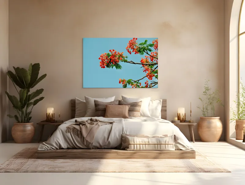 Tablou Canvas, "Flori roșii sub cerul senin", Flori, Ramuri, Cer, Frunze, Lumina, Culori, Natura, Viu, Frumusețe, 150 x 100 cm – poza 4