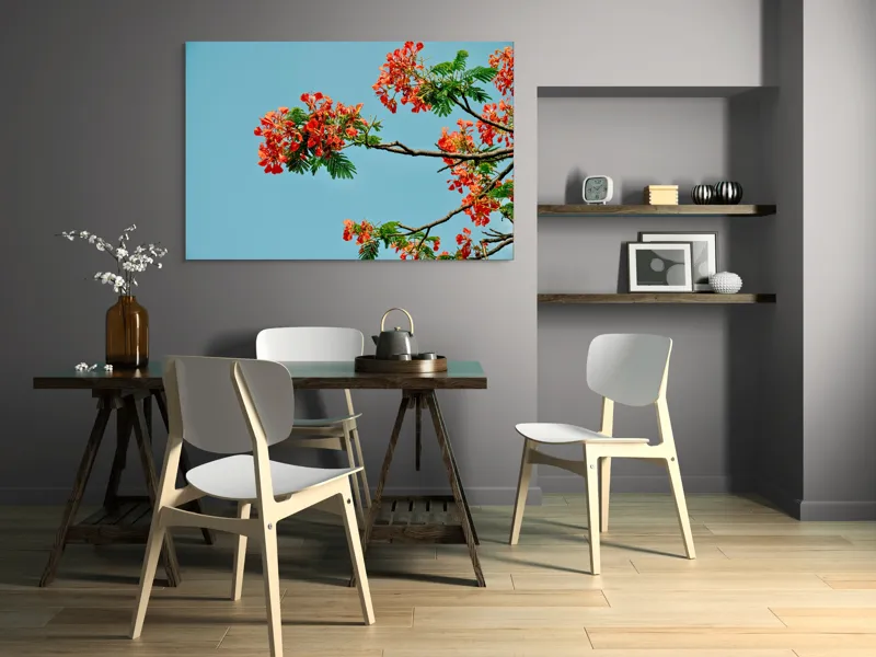 Tablou Canvas, "Flori roșii sub cerul senin", Flori, Ramuri, Cer, Frunze, Lumina, Culori, Natura, Viu, Frumusețe, 150 x 100 cm – poza 5