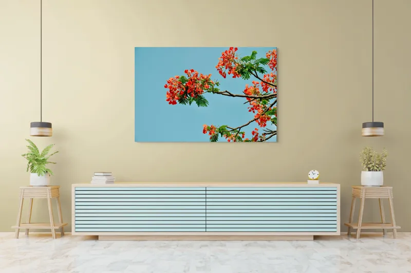 Tablou Canvas, "Flori roșii sub cerul senin", Flori, Ramuri, Cer, Frunze, Lumina, Culori, Natura, Viu, Frumusețe, 150 x 100 cm – poza 6