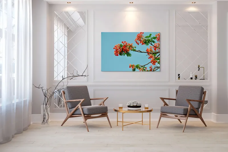 Tablou Canvas, "Flori roșii sub cerul senin", Flori, Ramuri, Cer, Frunze, Lumina, Culori, Natura, Viu, Frumusețe, 150 x 100 cm – poza 7