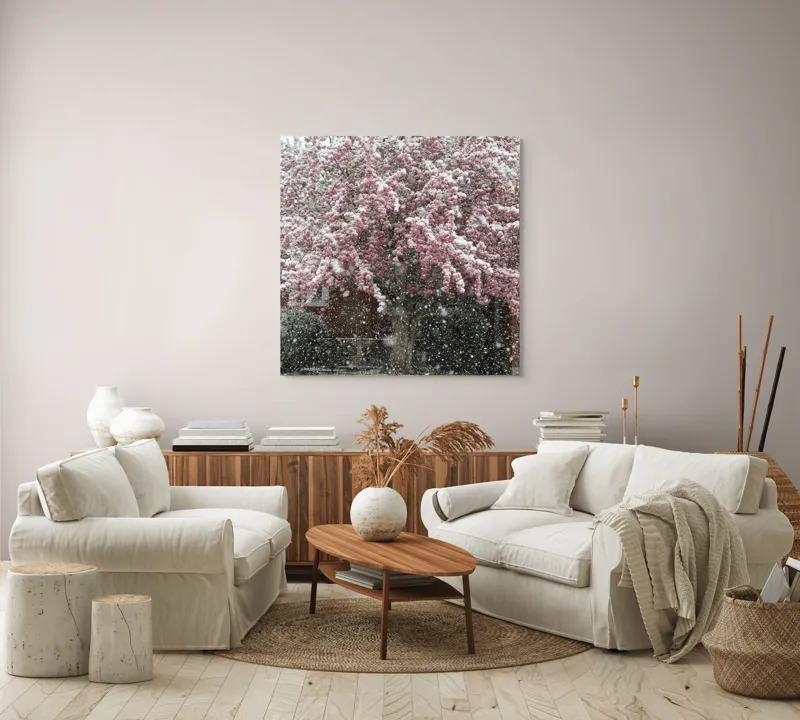Tablou Canvas, "Primăvară învelită în zăpadă albă", Zăpadă, Flori, Copac, Primăvară, Contraste, Natură, Frumusețe, Delicatețe, Vreme, Schimbare, 100 x 100 cm – poza 3