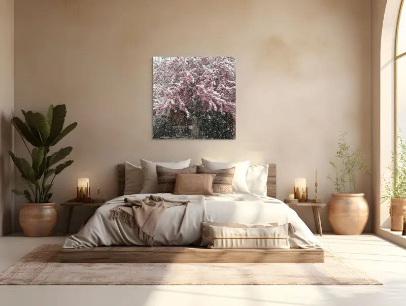 Tablou Canvas, "Primăvară învelită în zăpadă albă", Zăpadă, Flori, Copac, Primăvară, Contraste, Natură, Frumusețe, Delicatețe, Vreme, Schimbare, 100 x 100 cm – poza 4