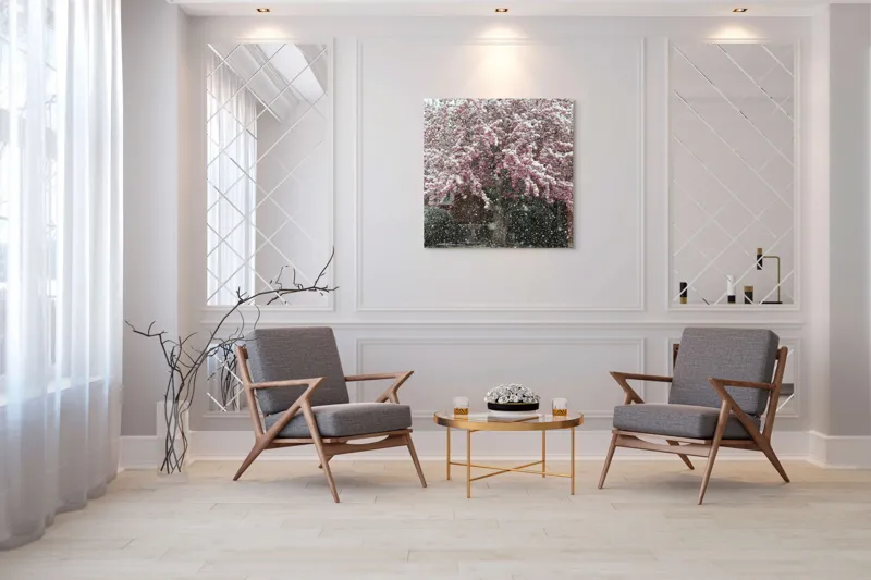 Tablou Canvas, "Primăvară învelită în zăpadă albă", Zăpadă, Flori, Copac, Primăvară, Contraste, Natură, Frumusețe, Delicatețe, Vreme, Schimbare, 100 x 100 cm – poza 7