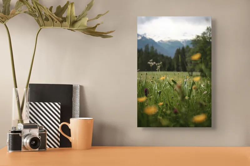 Tablou Canvas, "Flori de munte sub cer înnorat", Flori, Munte, Verdeață, Cer, Natural, Natura, Peisaj, Pajiște, Sălbăticie, Răcoare, 26 x 39 cm – poza 3