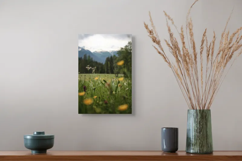 Tablou Canvas, "Flori de munte sub cer înnorat", Flori, Munte, Verdeață, Cer, Natural, Natura, Peisaj, Pajiște, Sălbăticie, Răcoare, 26 x 39 cm – poza 5