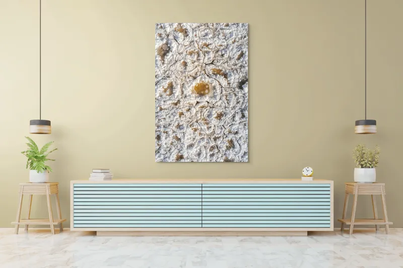 Tablou Canvas, "Minunățiile iernii în detaliu fragil", Cristale, Textură, Albul, Geometrie, Mineral., 100 x 150 cm – poza 4