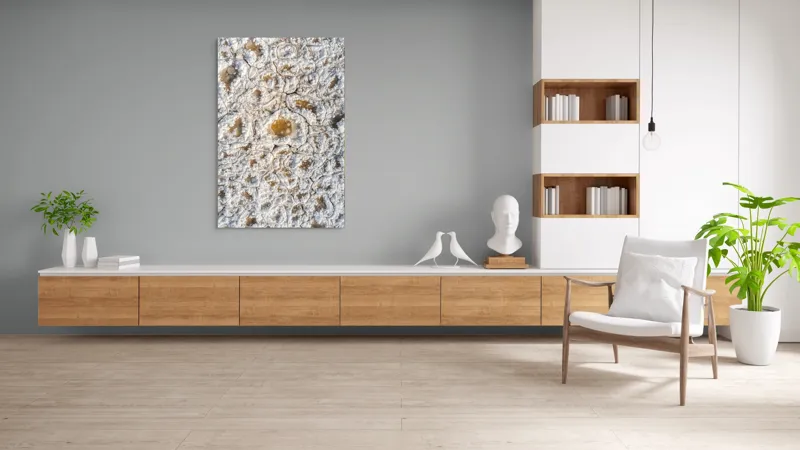Tablou Canvas, "Minunățiile iernii în detaliu fragil", Cristale, Textură, Albul, Geometrie, Mineral., 100 x 150 cm – poza 8