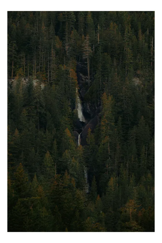 Tablou Canvas, "Cascada ascunsă în pădurea deasă", Cascadă, Pădure, Brazi, Roci, Natură, 26 x 39 cm