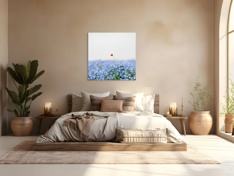 Tablou Canvas, "Floarea roșie într-un ocean albastru", Floare, Solitară, Roșie, Contrast, Albastru, Câmp, Delicat, Natură, Frumusețe, Seninătate., 100 x 100 cm – poza 4