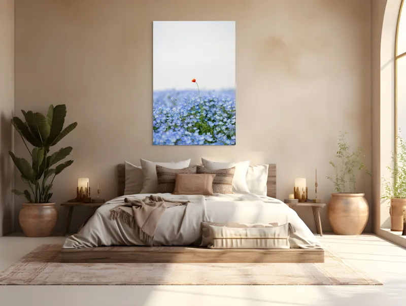 Tablou Canvas, "Floarea roșie într-un ocean albastru", Floare, Solitară, Roșie, Contrast, Albastru, Câmp, Delicat, Natură, Frumusețe, Seninătate., 100 x 150 cm – poza 3