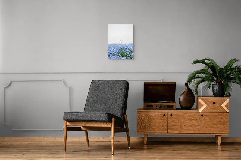 Tablou Canvas, "Floarea roșie într-un ocean albastru", Floare, Solitară, Roșie, Contrast, Albastru, Câmp, Delicat, Natură, Frumusețe, Seninătate., 39 x 54 cm – poza 8