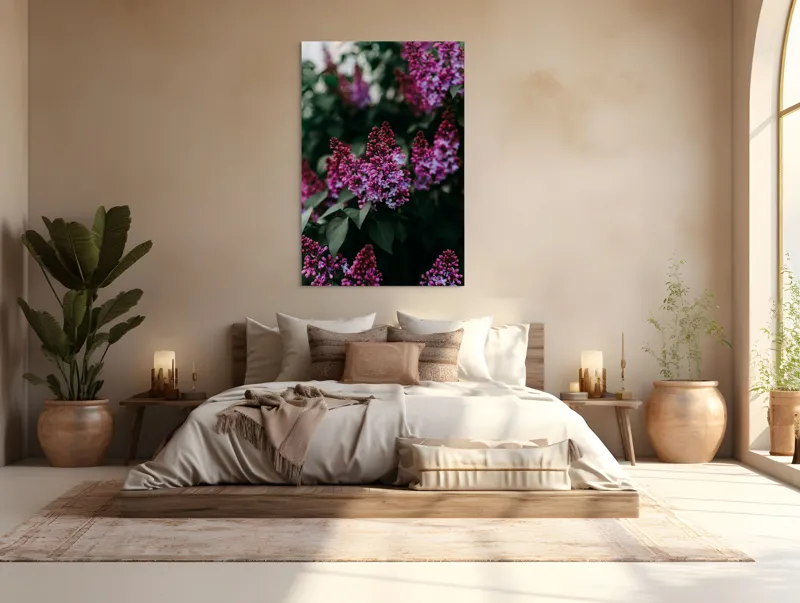 Tablou Canvas, "Flori de liliac în grădina de primăvară", Flori, Mov, Frunze, Verde, Natură, Primăvară, Parfum, Delicatețe, 100 x 150 cm – poza 3