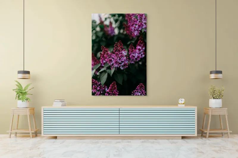 Tablou Canvas, "Flori de liliac în grădina de primăvară", Flori, Mov, Frunze, Verde, Natură, Primăvară, Parfum, Delicatețe, 100 x 150 cm – poza 4