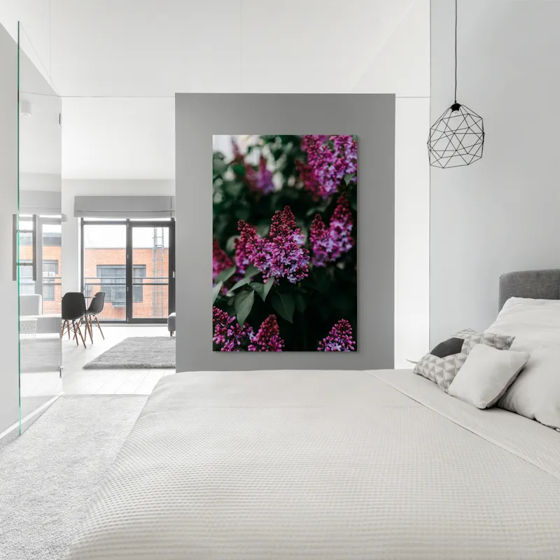 Tablou Canvas, "Flori de liliac în grădina de primăvară", Flori, Mov, Frunze, Verde, Natură, Primăvară, Parfum, Delicatețe, 100 x 150 cm – poza 5