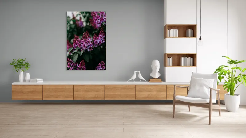 Tablou Canvas, "Flori de liliac în grădina de primăvară", Flori, Mov, Frunze, Verde, Natură, Primăvară, Parfum, Delicatețe, 100 x 150 cm – poza 8