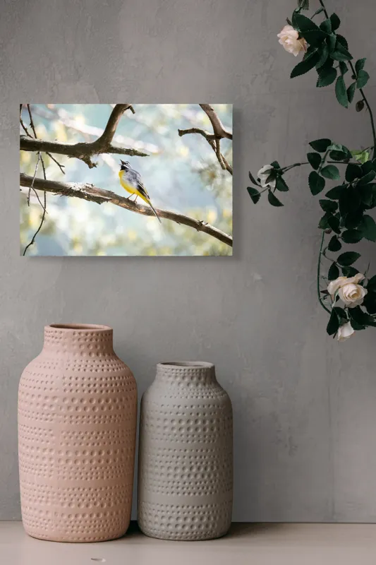 Tablou Canvas, "Măiastra cântecelor în crângul verde", Pasăre, Crengi, Cântând, Pădure, Penaj, Galben, Gri, Natură, Lumină, Ambient., 54 x 39 cm – poza 8