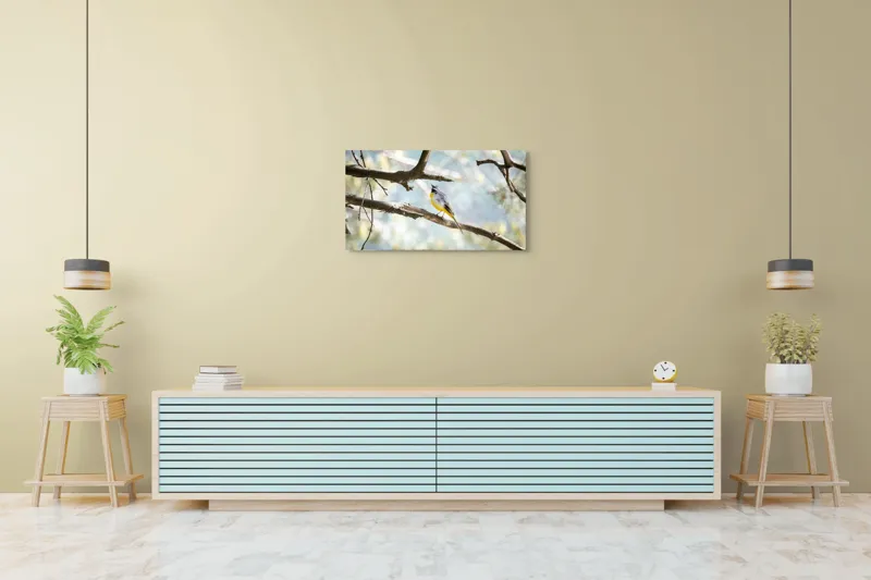 Tablou Canvas, "Măiastra cântecelor în crângul verde", Pasăre, Crengi, Cântând, Pădure, Penaj, Galben, Gri, Natură, Lumină, Ambient., 90 x 50 cm – poza 5