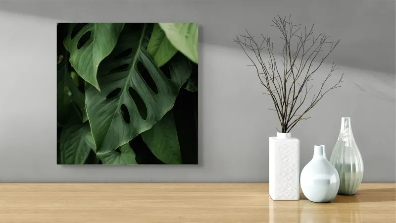 Tablou Canvas, "Frumusețea misterului vegetal luxuriant", Frunze, Verde, Monstera, Textură, Umbre, Natură, Luxuriant, Exotic, Organic, Vegetație, 50 x 50 cm – poza 3