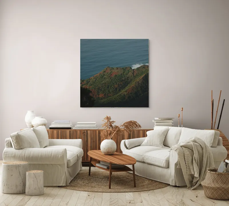 Tablou Canvas, "Colț de paradis însorit oceanic", Ocean, Stânci, Vegetație, Apus, Liniște, 100 x 100 cm – poza 3