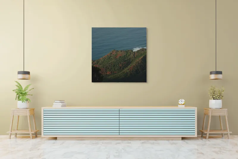 Tablou Canvas, "Colț de paradis însorit oceanic", Ocean, Stânci, Vegetație, Apus, Liniște, 100 x 100 cm – poza 5