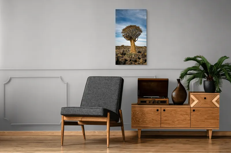 Tablou Canvas, "Arborele singuratic din deșertul arid", Copac, Deșert, Cer, Pietre, Vegetație, 50 x 90 cm – poza 8