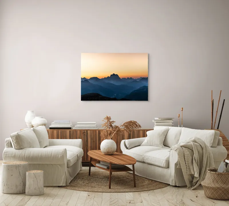 Tablou Canvas, "Munți în lumina răsăritului blând", Apus, Munți, Siluete, Cer, Lumină, Umbre, Peisaj, Natură, 100 x 70 cm – poza 3