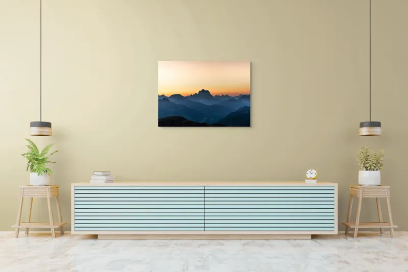 Tablou Canvas, "Munți în lumina răsăritului blând", Apus, Munți, Siluete, Cer, Lumină, Umbre, Peisaj, Natură, 100 x 70 cm – poza 4