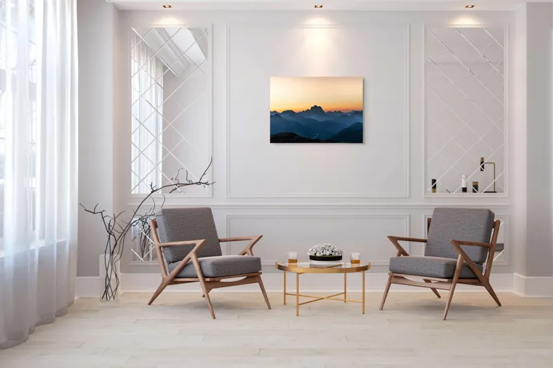 Tablou Canvas, "Munți în lumina răsăritului blând", Apus, Munți, Siluete, Cer, Lumină, Umbre, Peisaj, Natură, 100 x 70 cm – poza 5