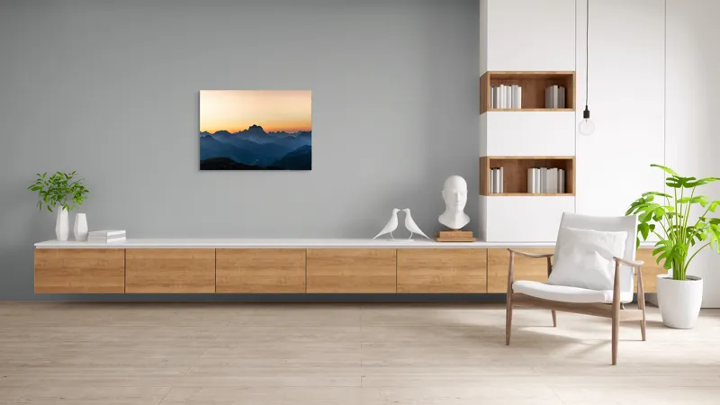 Tablou Canvas, "Munți în lumina răsăritului blând", Apus, Munți, Siluete, Cer, Lumină, Umbre, Peisaj, Natură, 100 x 70 cm – poza 6