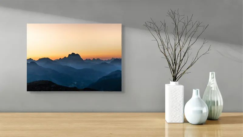 Tablou Canvas, "Munți în lumina răsăritului blând", Apus, Munți, Siluete, Cer, Lumină, Umbre, Peisaj, Natură, 54 x 39 cm – poza 3
