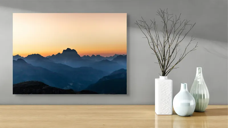 Tablou Canvas, "Munți în lumina răsăritului blând", Apus, Munți, Siluete, Cer, Lumină, Umbre, Peisaj, Natură, 70 x 50 cm – poza 3