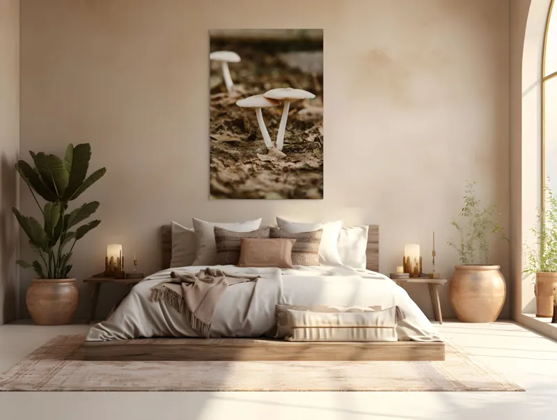 Tablou Canvas, "Ciuperci delicate în lumina toamnei", Ciuperci, Pământ, Natură, Frunze, Fotografie, Rustică, Textură, Umbră, 100 x 150 cm – poza 3
