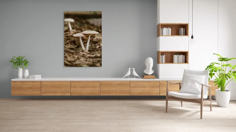 Tablou Canvas, "Ciuperci delicate în lumina toamnei", Ciuperci, Pământ, Natură, Frunze, Fotografie, Rustică, Textură, Umbră, 100 x 150 cm – poza 8