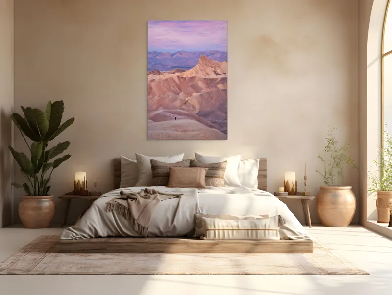 Tablou Canvas, "Singurătatea în deșertul rozalie", Roz, Munți, Siluetă, Pământ, Cer, Soare, Relief, Peisaj, Stânci, Vedere., 100 x 150 cm – poza 3