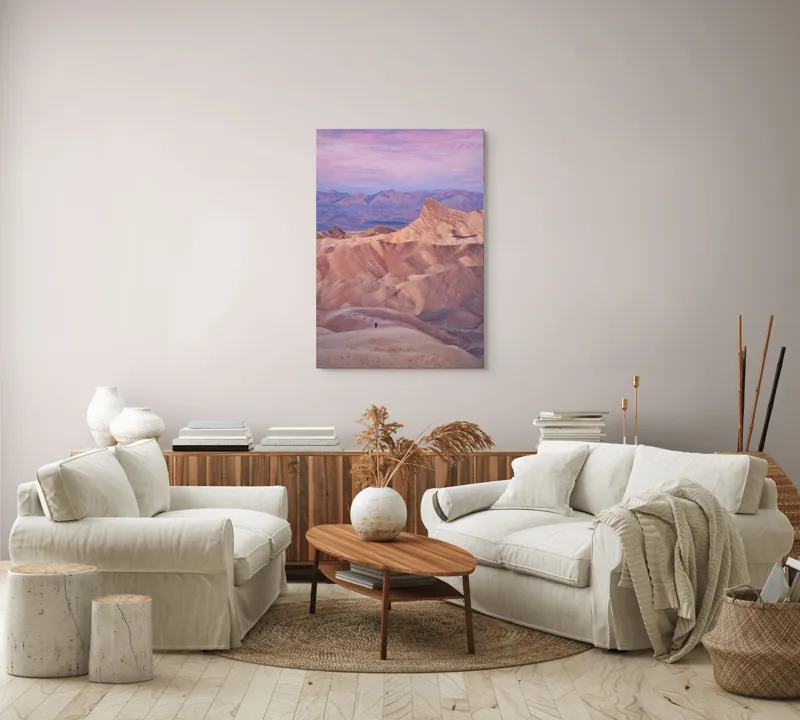 Tablou Canvas, "Singurătatea în deșertul rozalie", Roz, Munți, Siluetă, Pământ, Cer, Soare, Relief, Peisaj, Stânci, Vedere., 70 x 100 cm – poza 4