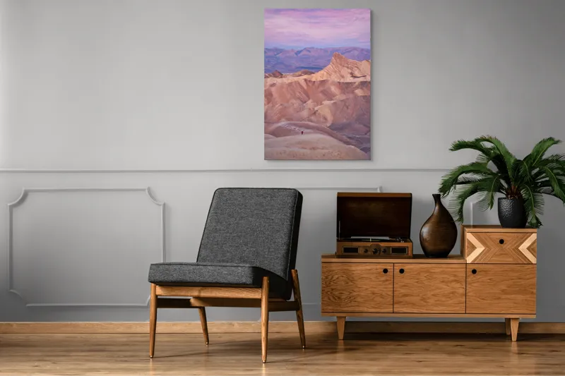 Tablou Canvas, "Singurătatea în deșertul rozalie", Roz, Munți, Siluetă, Pământ, Cer, Soare, Relief, Peisaj, Stânci, Vedere., 70 x 100 cm – poza 6