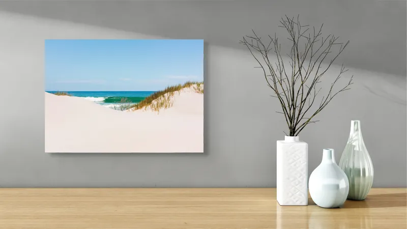Tablou Canvas, "Dune de nisip și valuri albastre", Nisip, Dune, Ocean, Valuri, Cer, Albastru, Plajă, Natură, 54 x 39 cm – poza 3