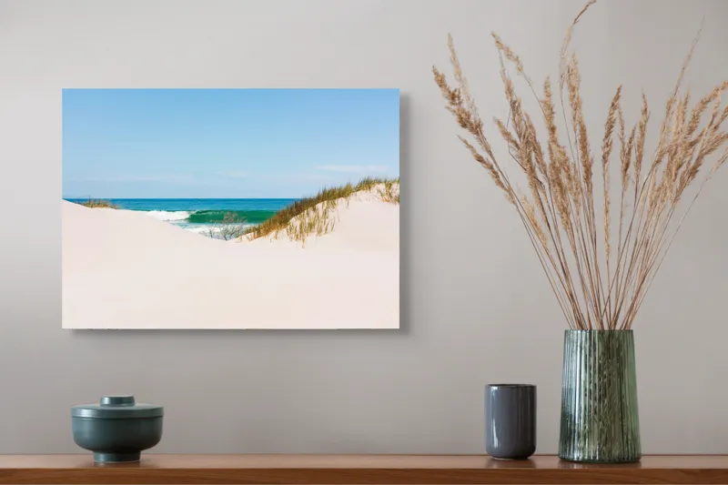 Tablou Canvas, "Dune de nisip și valuri albastre", Nisip, Dune, Ocean, Valuri, Cer, Albastru, Plajă, Natură, 54 x 39 cm – poza 4