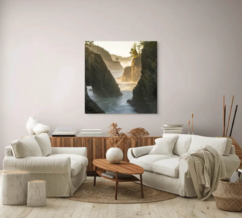 Tablou Canvas, "Misterul stâncilor învăluite de ceață", Mare, Stânci, Pădure, Ceață, Apus, Lumină, Valuri, Natură, Serene, Peisaj, 100 x 100 cm – poza 3