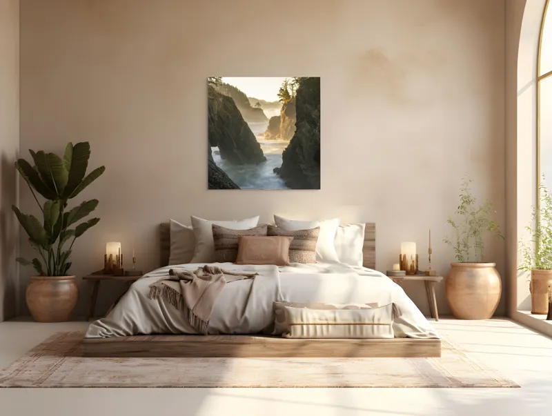 Tablou Canvas, "Misterul stâncilor învăluite de ceață", Mare, Stânci, Pădure, Ceață, Apus, Lumină, Valuri, Natură, Serene, Peisaj, 100 x 100 cm – poza 4