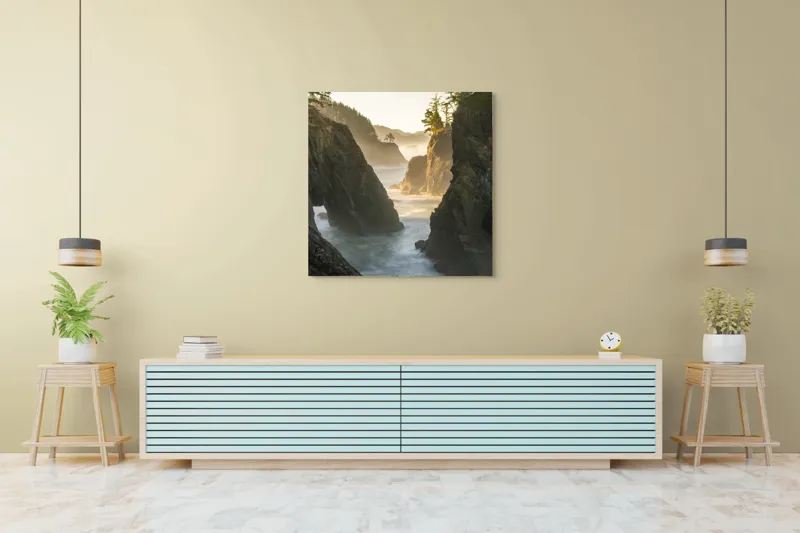 Tablou Canvas, "Misterul stâncilor învăluite de ceață", Mare, Stânci, Pădure, Ceață, Apus, Lumină, Valuri, Natură, Serene, Peisaj, 100 x 100 cm – poza 5