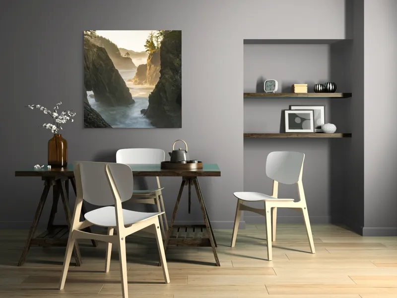 Tablou Canvas, "Misterul stâncilor învăluite de ceață", Mare, Stânci, Pădure, Ceață, Apus, Lumină, Valuri, Natură, Serene, Peisaj, 100 x 100 cm – poza 6